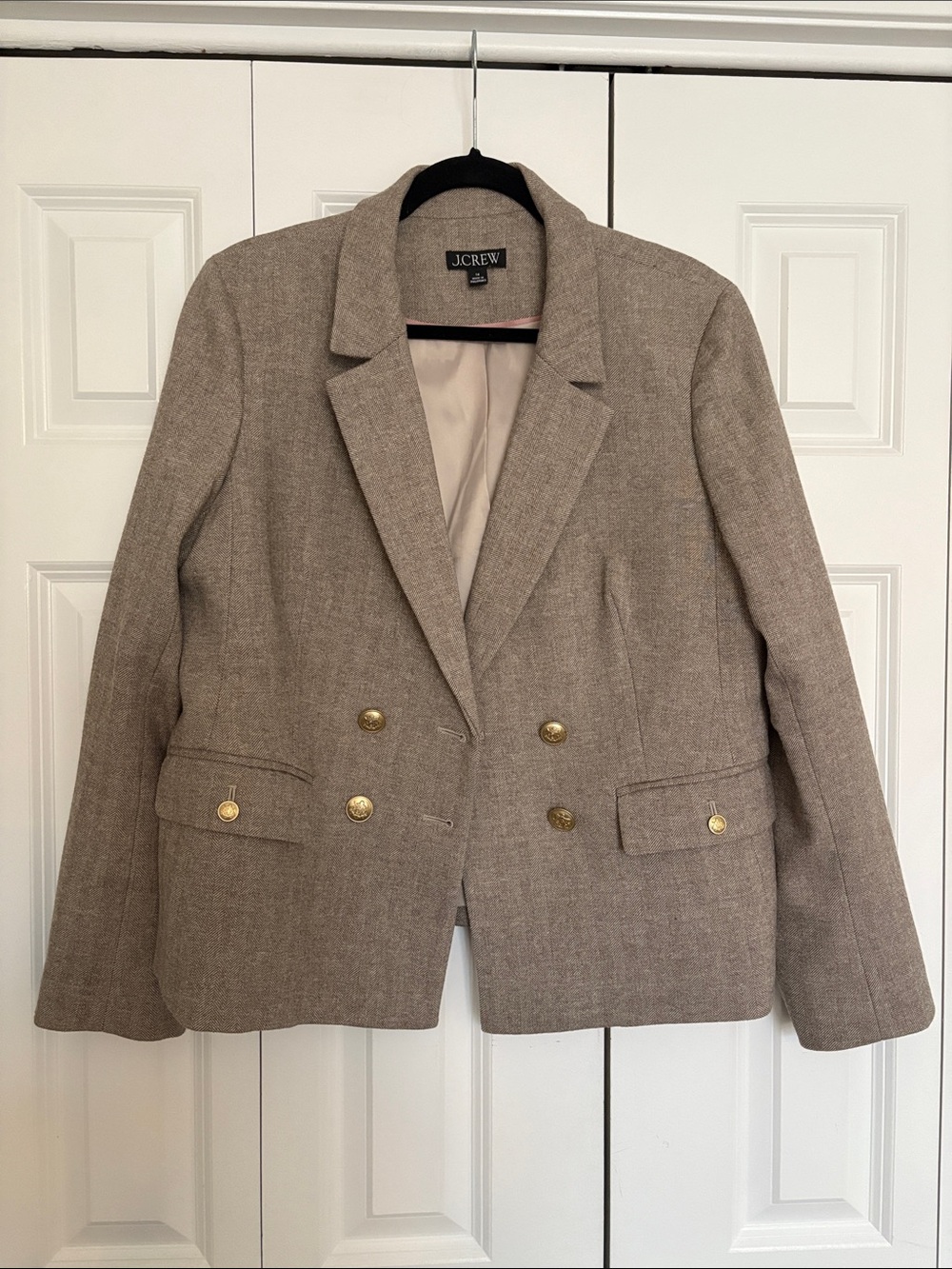 J. Crew Taupe Double-Breasted Blazer with Gold Buttons - Size 14